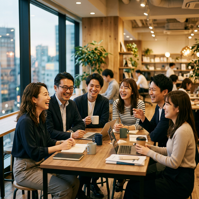 社員同士が笑顔で交流する健康的なチームのイメージ